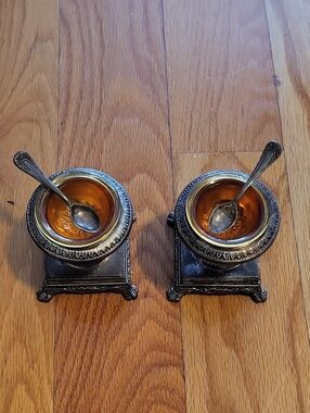 Decorative Silver-Tone Salt Cellars with Amber Glass Bowls and Spoons